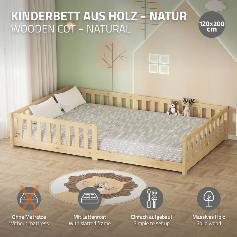 Kinderbett 120x200 cm mit Lattenrost und Rausfallschutz Natur Kiefernholz ML-Design