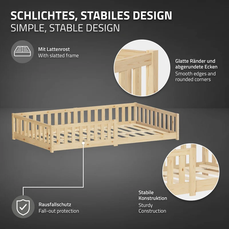Kinderbett 120x200 cm mit Lattenrost und Rausfallschutz Natur Kiefernholz ML-Design