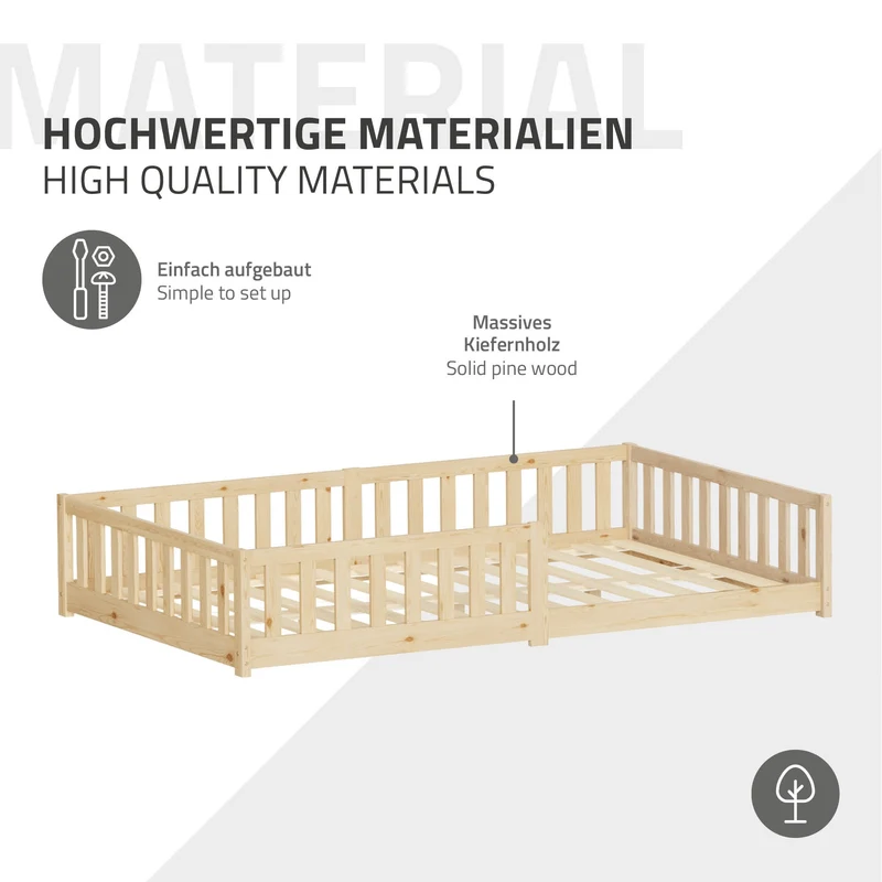 Kinderbett 120x200 cm mit Lattenrost und Rausfallschutz Natur Kiefernholz ML-Design