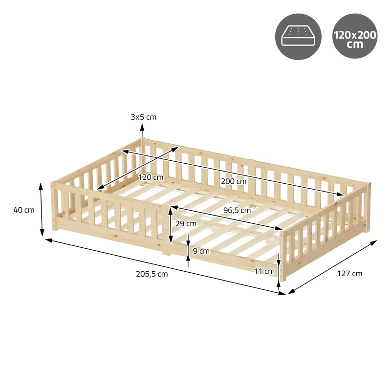 Kinderbett 120x200 cm mit Lattenrost und Rausfallschutz Natur Kiefernholz ML-Design