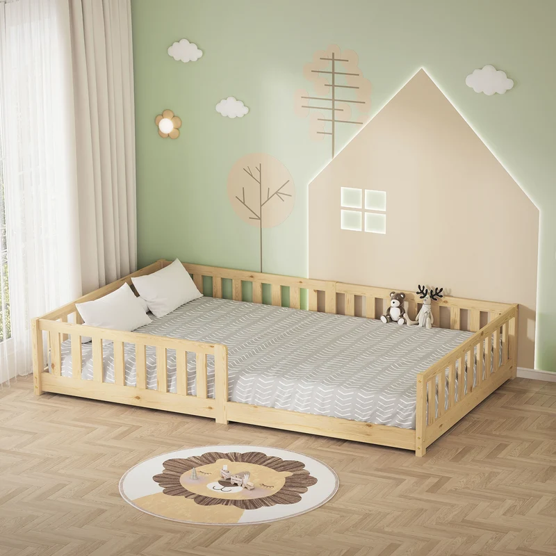 Kinderbett 120x200 cm mit Lattenrost und Rausfallschutz Natur Kiefernholz ML-Design
