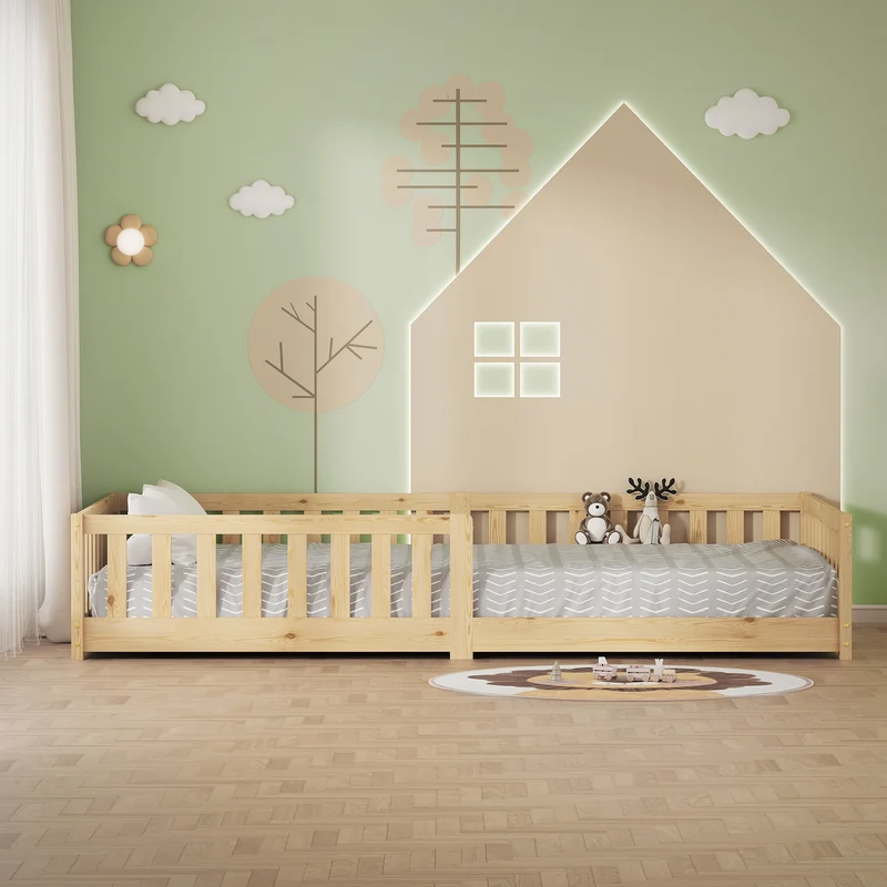 Kinderbett 120x200 cm mit Lattenrost und Rausfallschutz Natur Kiefernholz ML-Design