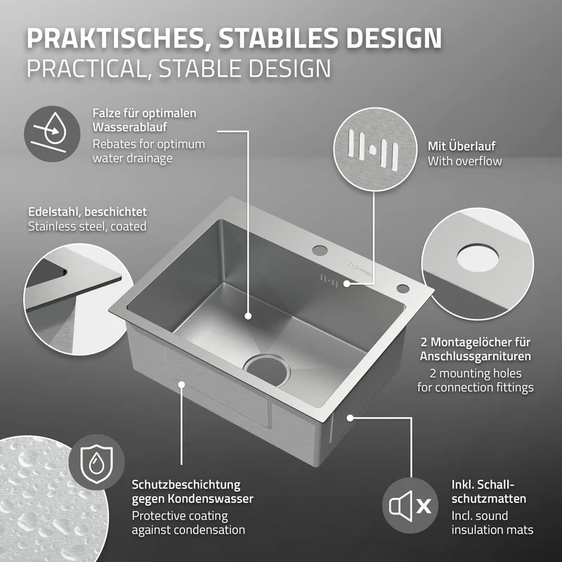 B-Ware Einbauspüle 55x45 cm Silber mit Ablaufgarnitur und Seifenspender Küchenspüle aus Edelstahl ML-Design
