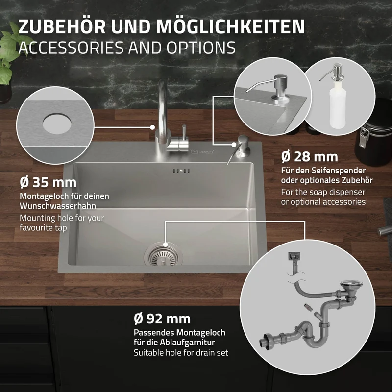 B-Ware Einbauspüle 55x45 cm Silber mit Ablaufgarnitur und Seifenspender Küchenspüle aus Edelstahl ML-Design