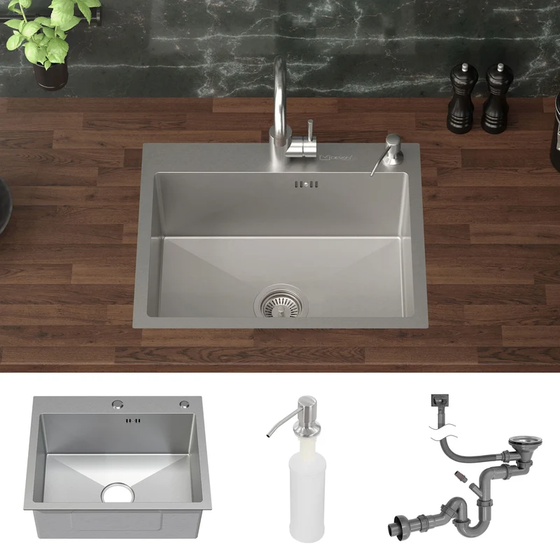 B-Ware Einbauspüle 55x45 cm Silber mit Ablaufgarnitur und Seifenspender Küchenspüle aus Edelstahl ML-Design
