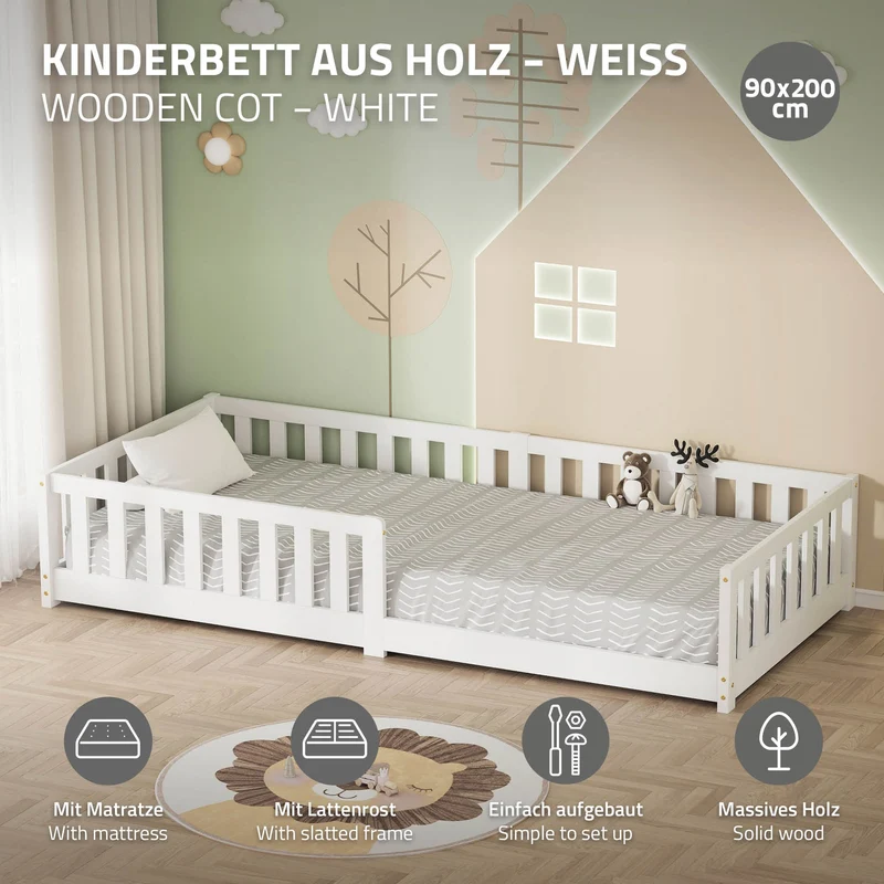 Kinderbett 90x200 cm mit Lattenrost Rausfallschutz und Matratze H-10 cm Weiß Kiefernholz ML-Design