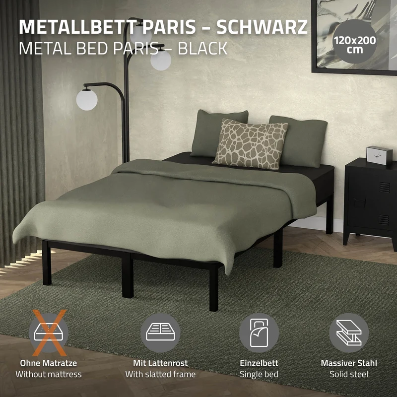 Bettgestell Doppelbett 120x200 cm aus Metall Schwarz mit Lattenrost ML-Design