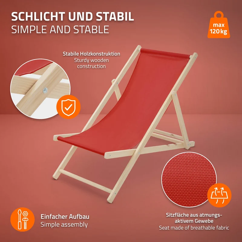 Gartenstuhl Strandliege Liegestuhl Sonnenliege Rot aus Holz klappbar