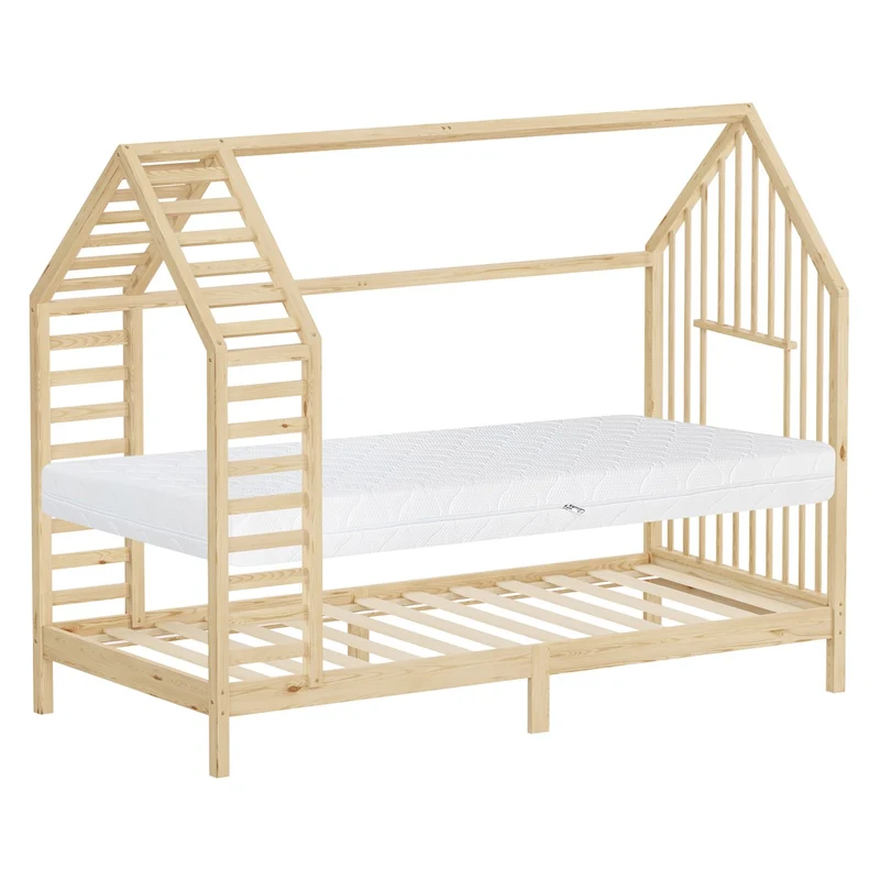 ML-DESIGN | Kinderbett mit Lattenrost aus massivem Kiefernholz Hausbett mit Dach & Fenster Montessori Bettgestell für Mädchen & Jungen