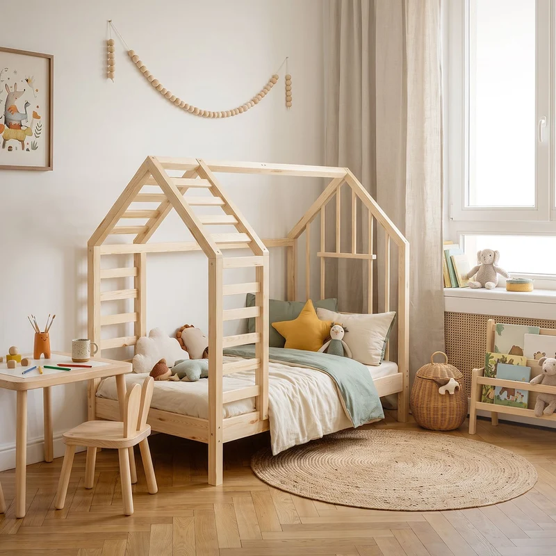 ML-DESIGN | Kinderbett mit Lattenrost aus massivem Kiefernholz 70x140 cm Natur Hausbett mit Dach & Fenster Montessori Bettgestell für Mädchen & Jungen