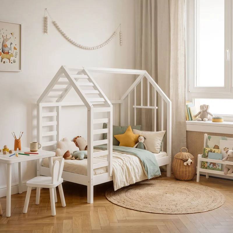 ML-DESIGN | Kinderbett mit Lattenrost aus massivem Kiefernholz 70x140 cm Weiß Hausbett mit Dach & Fenster Montessori Bettgestell für Mädchen & Jungen