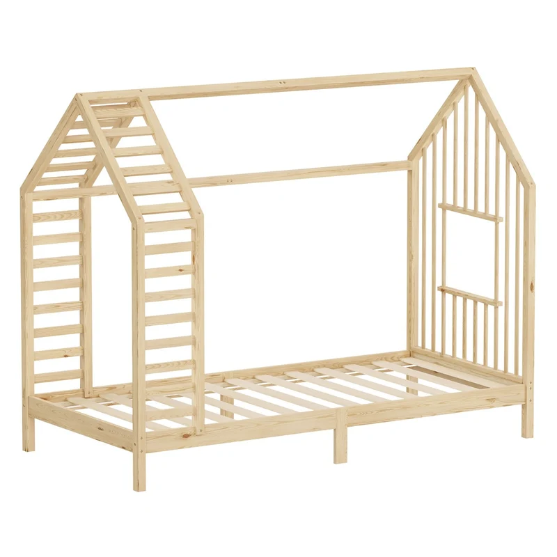 ML-DESIGN | Kinderbett mit Lattenrost aus massivem Kiefernholz 90x200 cm Natur Hausbett mit Dach & Fenster Montessori Bettgestell für Mädchen & Jungen