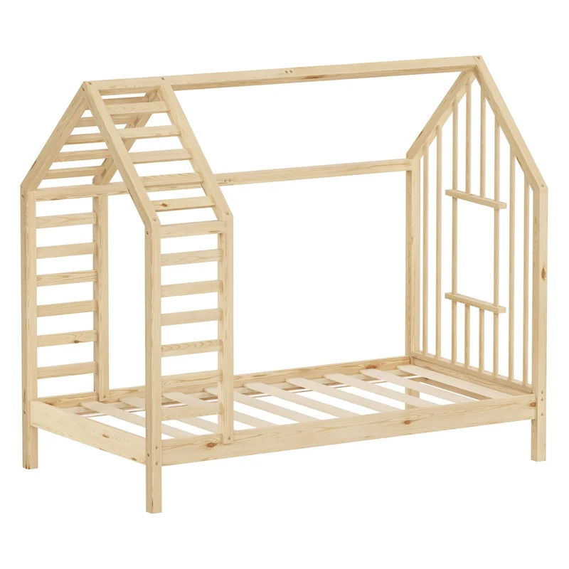 ML-DESIGN | Kinderbett mit Lattenrost aus massivem Kiefernholz 80x160 cm Natur Hausbett mit Dach & Fenster Montessori Bettgestell für Mädchen & Jungen