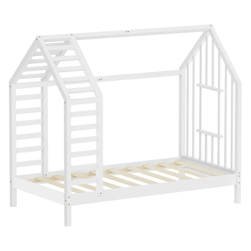 ML-DESIGN | Kinderbett mit Lattenrost aus massivem Kiefernholz 80x160 cm Weiß Hausbett mit Dach & Fenster Montessori Bettgestell für Mädchen & Jungen