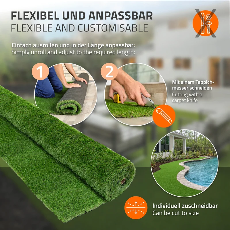Rasenteppich Kunstrasen-Rolle 150x1000 cm 15m² Grün, wetterfest, 18mm, Grasmatte Meterware, Kunstgras