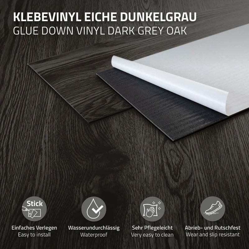 3x Deluxe PVC Klebevinylboden für 2,23 m² Eiche Dunkelgrau 2 mm dick ML-Design
