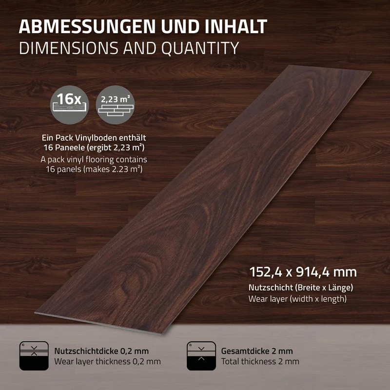 3er Set Deluxe PVC Klebevinylboden für 2,23 m² Rot-Braun Nuss 2 mm dick ML-Design