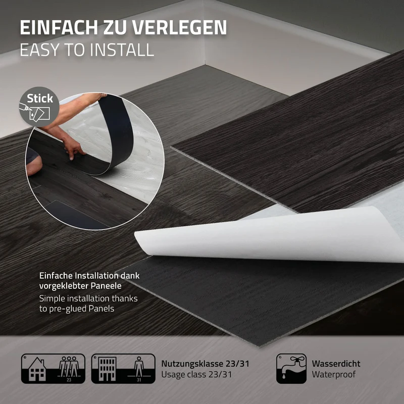 2x Deluxe PVC Klebevinylboden für 2,23 m² Eiche Dunkelgrau 2 mm dick ML-Design