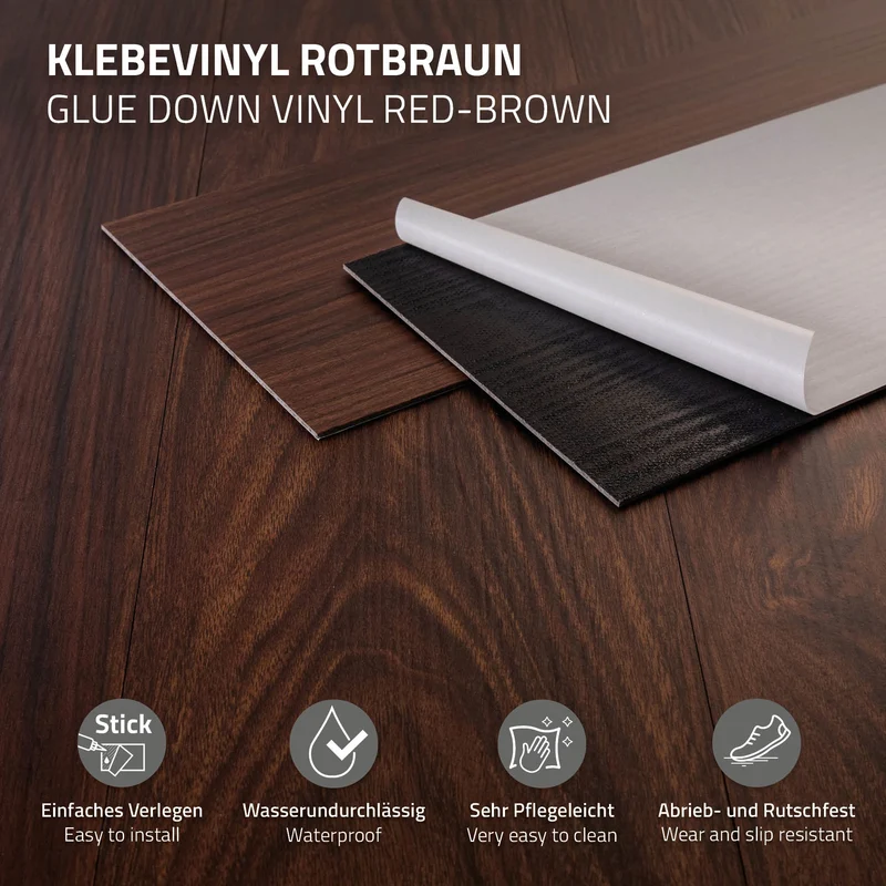 2er Set Deluxe PVC Klebevinylboden für 2,23 m² Rot-Braun Nuss 2 mm dick ML-Design