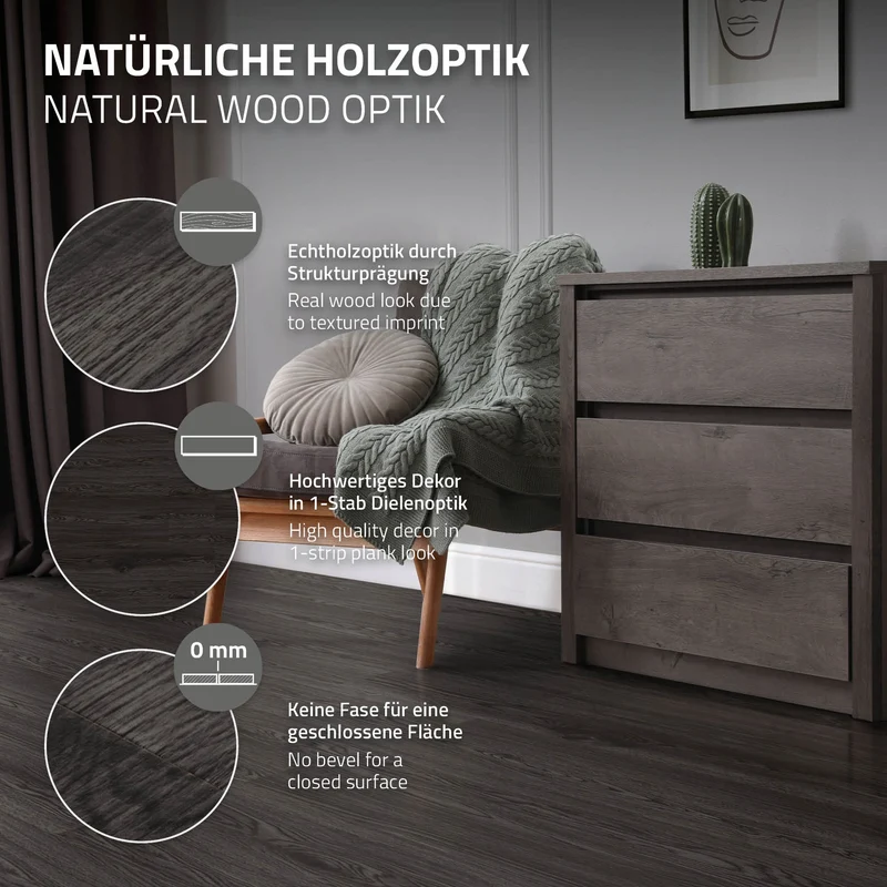5x Deluxe PVC Klebevinylboden für 2,23 m² Eiche Dunkelgrau 2 mm dick ML-Design
