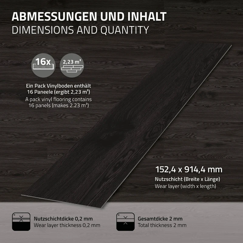 Deluxe PVC Klebevinylboden für 2,23 m² Eiche Dunkelgrau 2 mm dick ML-Design
