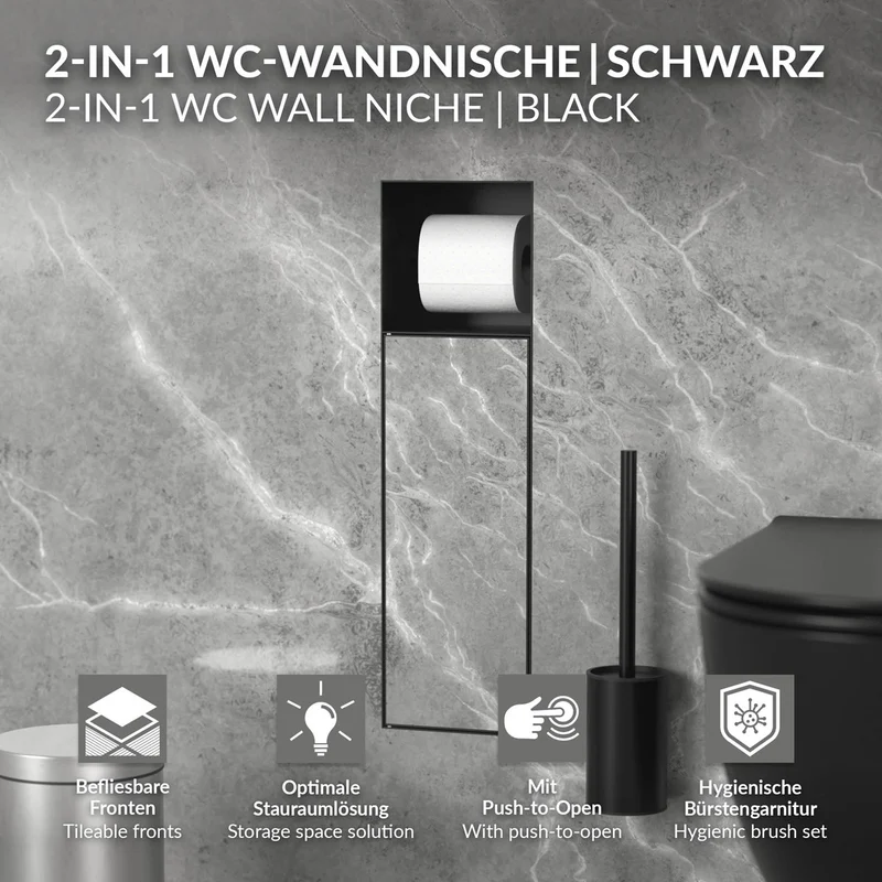 Unterputz-Schrankmodul 60x20x14 cm, Schwarz matt, Edelstahl, WC Wandnische LuxeBath