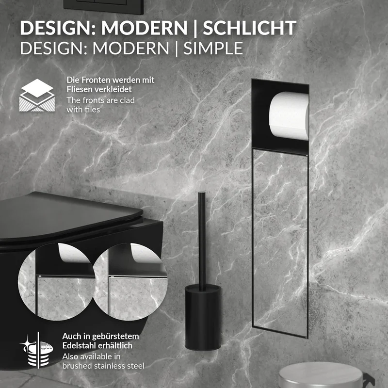 Unterputz-Schrankmodul 60x20x14 cm, Schwarz matt, Edelstahl, WC Wandnische LuxeBath