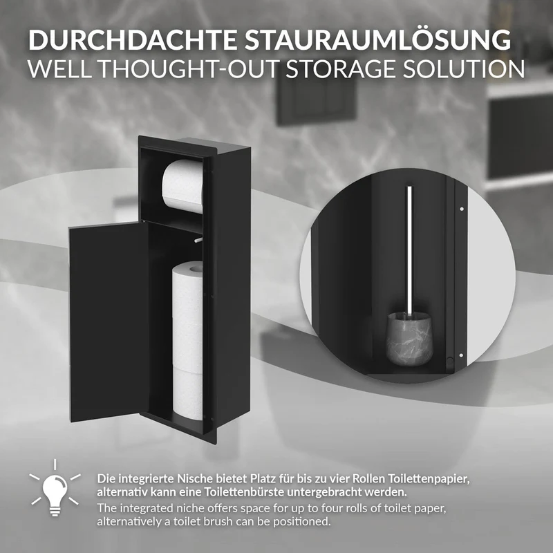 Unterputz-Schrankmodul 60x20x14 cm, Schwarz matt, Edelstahl, WC Wandnische LuxeBath