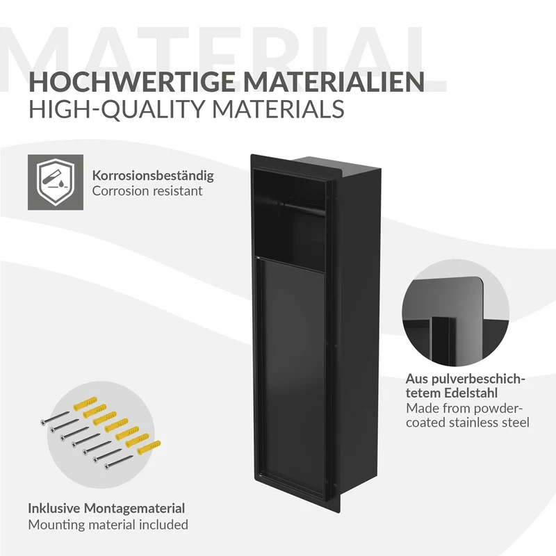 Unterputz-Schrankmodul 60x20x14 cm, Schwarz matt, Edelstahl, WC Wandnische LuxeBath