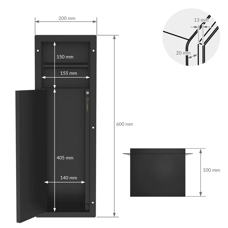Unterputz-Schrankmodul 60x20x14 cm, Schwarz matt, Edelstahl, WC Wandnische LuxeBath