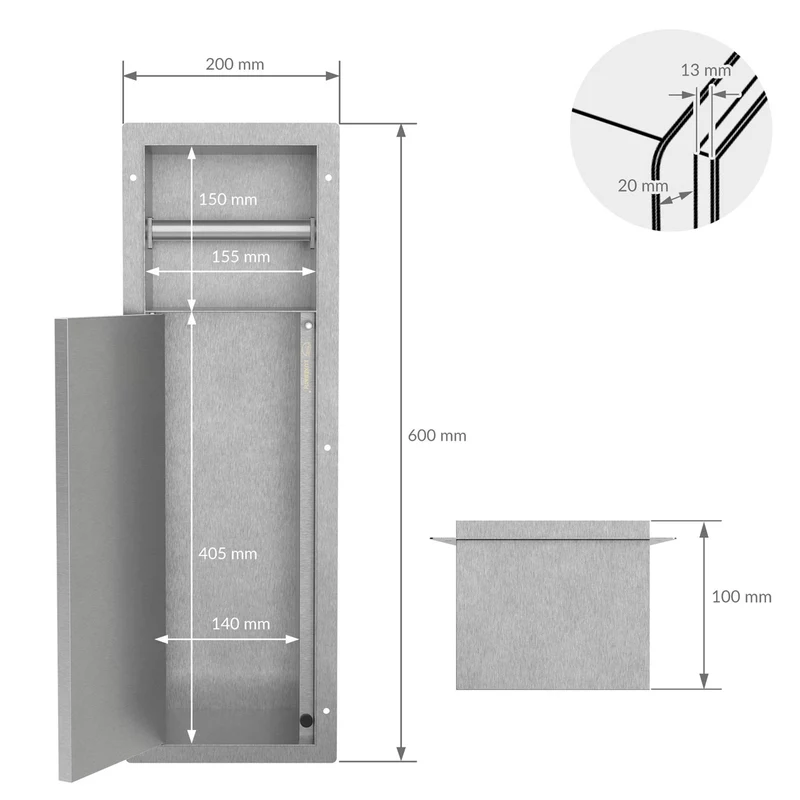 Unterputz-Schrankmodul befliesbar 60x20x14cm, Silber, Edelstahl WC Wandnische LuxeBath