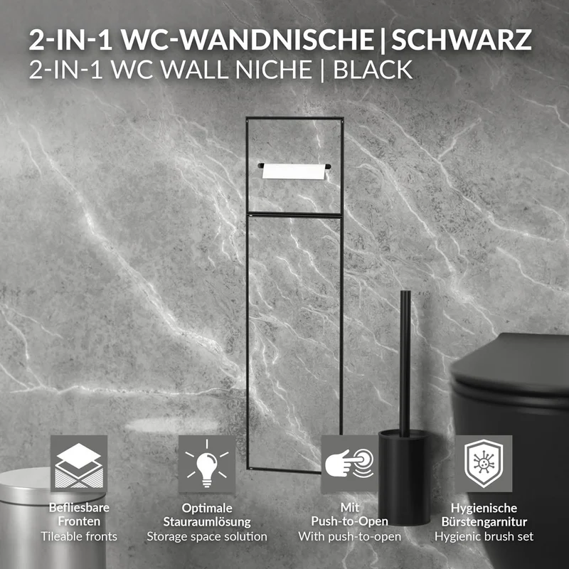 Unterputz-Schrankmodul 60x20x14 cm, Schwarz matt, Edelstahl, WC Wandnische LuxeBath