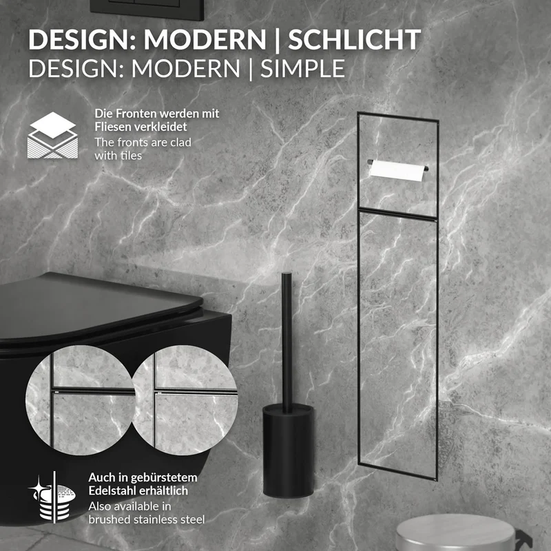 Unterputz-Schrankmodul 60x20x14 cm, Schwarz matt, Edelstahl, WC Wandnische LuxeBath