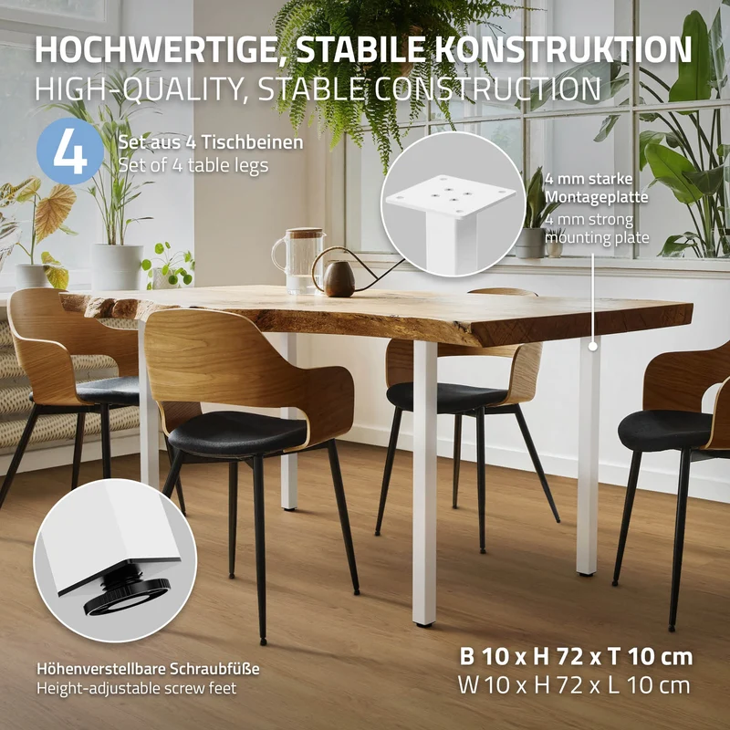 B-Ware 4er Set Tischbeine I-Design 72 cm Weiß glänzend aus pulverbeschichtetem Stahl eckig Profil 4x4 cm Höhenverstellbare Möbelfüße 1-4 cm ML-Design