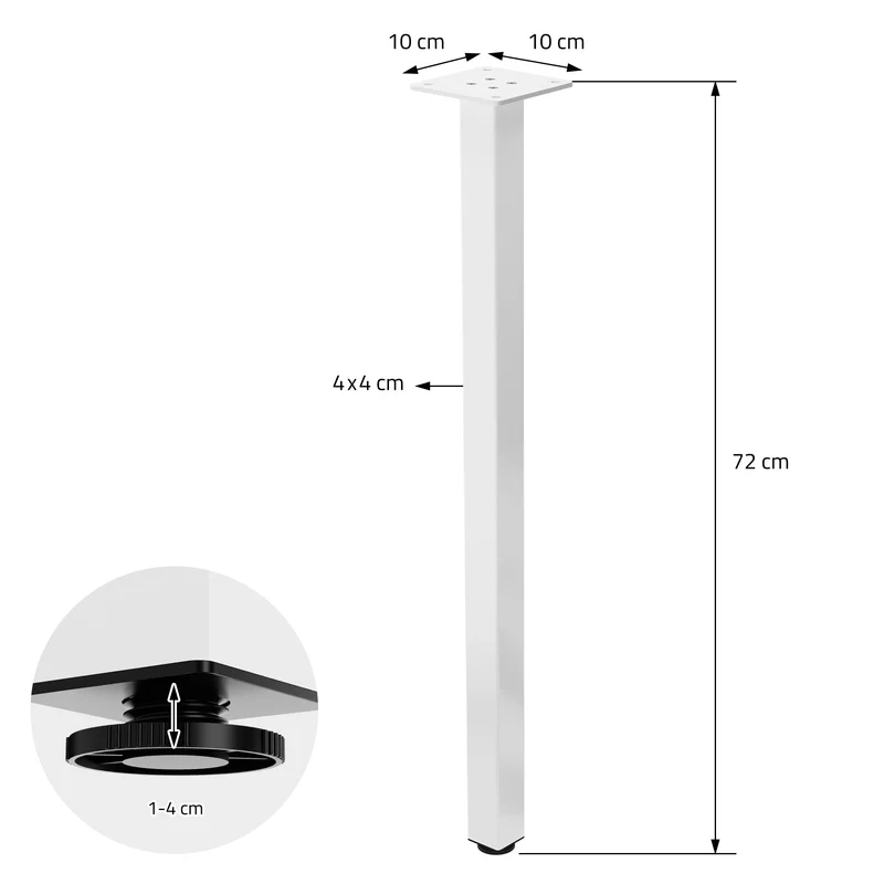B-Ware 4er Set Tischbeine I-Design 72 cm Weiß glänzend aus pulverbeschichtetem Stahl eckig Profil 4x4 cm Höhenverstellbare Möbelfüße 1-4 cm ML-Design