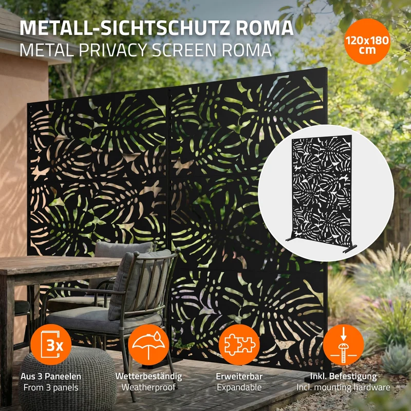 Metall-Sichtschutz Roma Schwarz 120x180 cm aus Stahl Raumteiler mit 3 Paneele Trennwand erweiterbar mit Ständer ML-Design