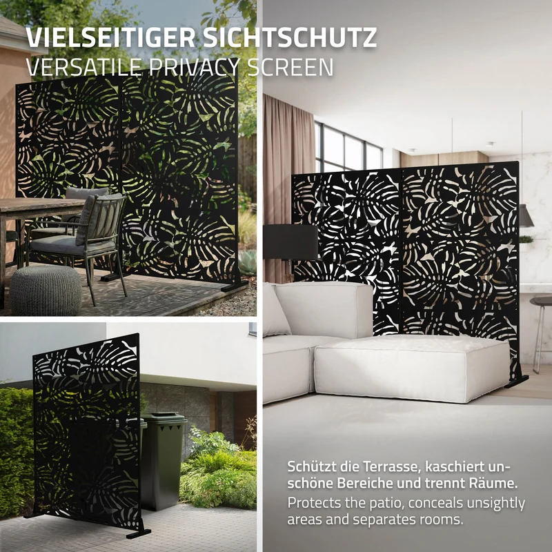 Metall-Sichtschutz Roma Schwarz 120x180 cm aus Stahl Raumteiler mit 3 Paneele Trennwand erweiterbar mit Ständer ML-Design