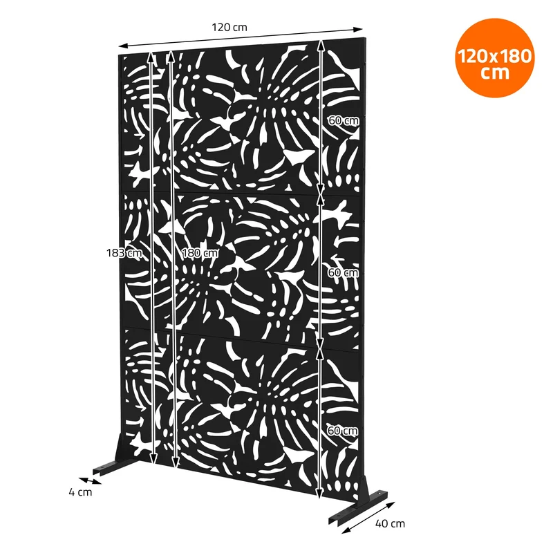 Metall-Sichtschutz Roma Schwarz 120x180 cm aus Stahl Raumteiler mit 3 Paneele Trennwand erweiterbar mit Ständer ML-Design