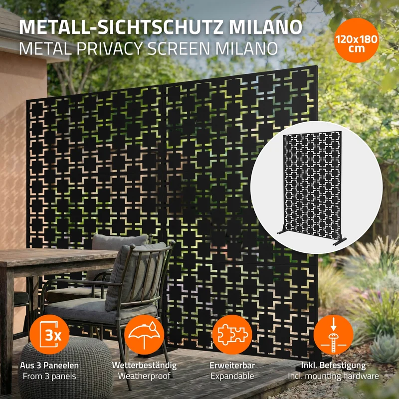 Metall-Sichtschutz Milano Schwarz 120x180 cm aus Stahl Raumteiler mit 3 Paneele Trennwand erweiterbar mit Ständer ML-Design