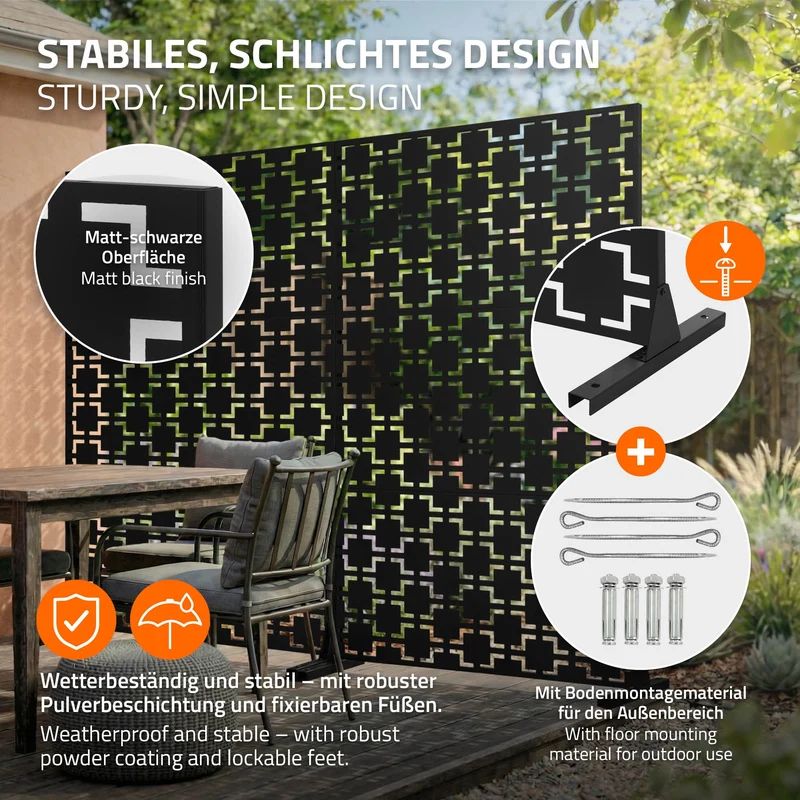 Metall-Sichtschutz Milano Schwarz 120x180 cm aus Stahl Raumteiler mit 3 Paneele Trennwand erweiterbar mit Ständer ML-Design
