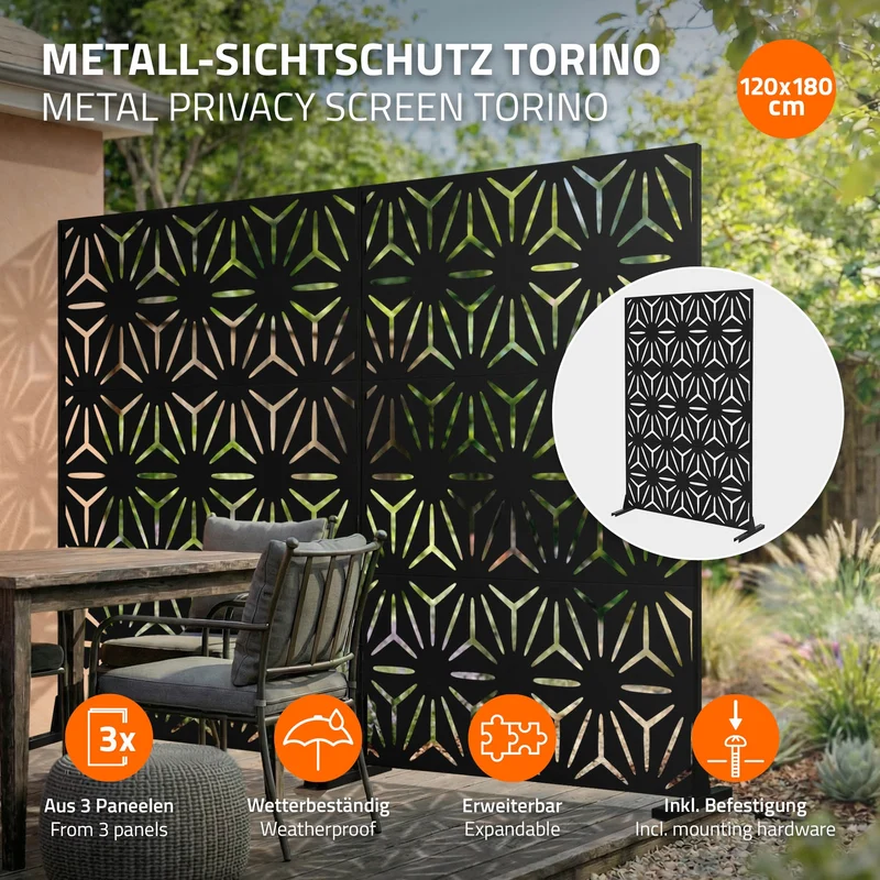 Metall-Sichtschutz Torino Schwarz 120x180 cm aus Stahl Raumteiler mit 3 Paneele Trennwand erweiterbar mit Ständer ML-Design