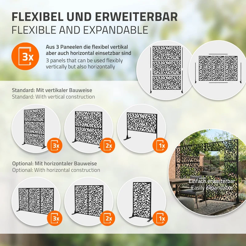 Metall-Sichtschutz Firenze Schwarz 120x180 cm aus Stahl Raumteiler mit 3 Paneele Trennwand erweiterbar mit Ständer ML-Design