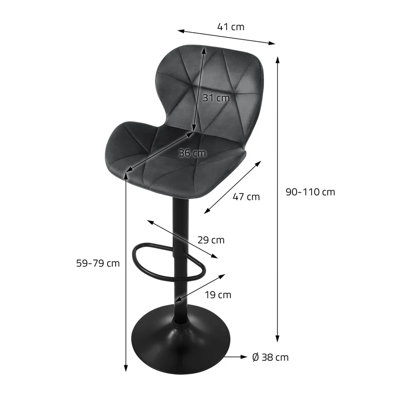 B-Ware Barhocker 2er Set Grau Samtbezug mit Rückenlehne und Fußstütze höhenverstellbar 59-79cm ML-Design