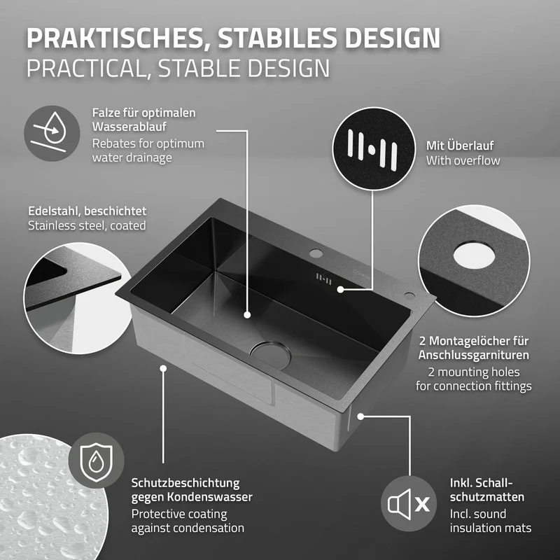 B-Ware Einbauspüle 68x45 cm Anthrazit mit Ablaufgarnitur und Seifenspender Küchenspüle aus Edelstahl ML-Design