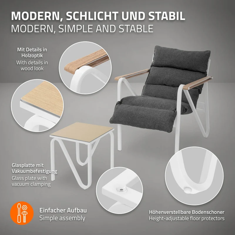 Gartenmöbel Set 3 tlg Weiß-Grau Sitzgruppe mit 2 Stühlen, Tisch & Sitzkissen Stahlgestell wetterfest ML-Design