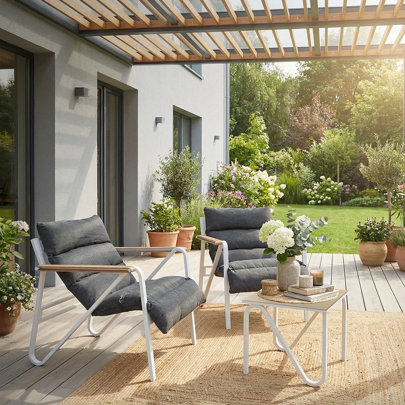 Gartenmöbel Set 3 tlg Weiß-Grau Sitzgruppe mit 2 Stühlen, Tisch & Sitzkissen Stahlgestell wetterfest ML-Design