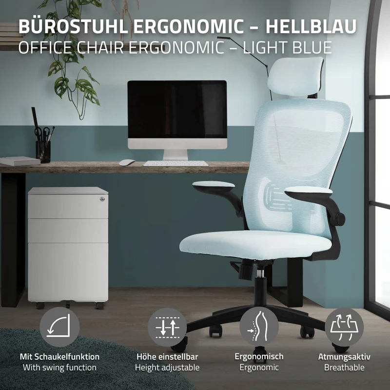 B-Ware Ergonomischer Bürostuhl Blau Netzgewebe mit verstellbarer Kopfstütze und Rollen ML-Design