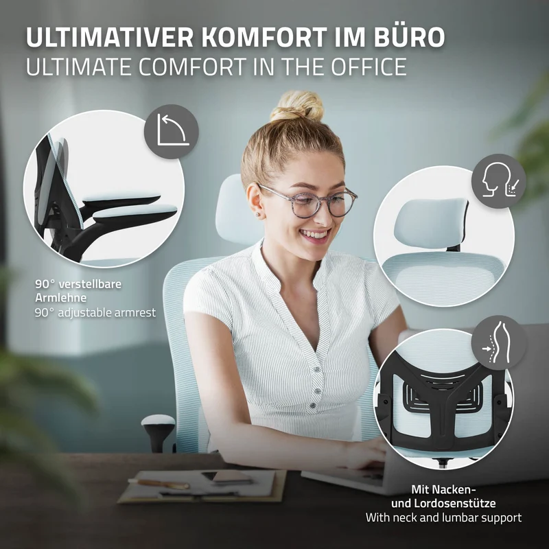 B-Ware Ergonomischer Bürostuhl Blau Netzgewebe mit verstellbarer Kopfstütze und Rollen ML-Design