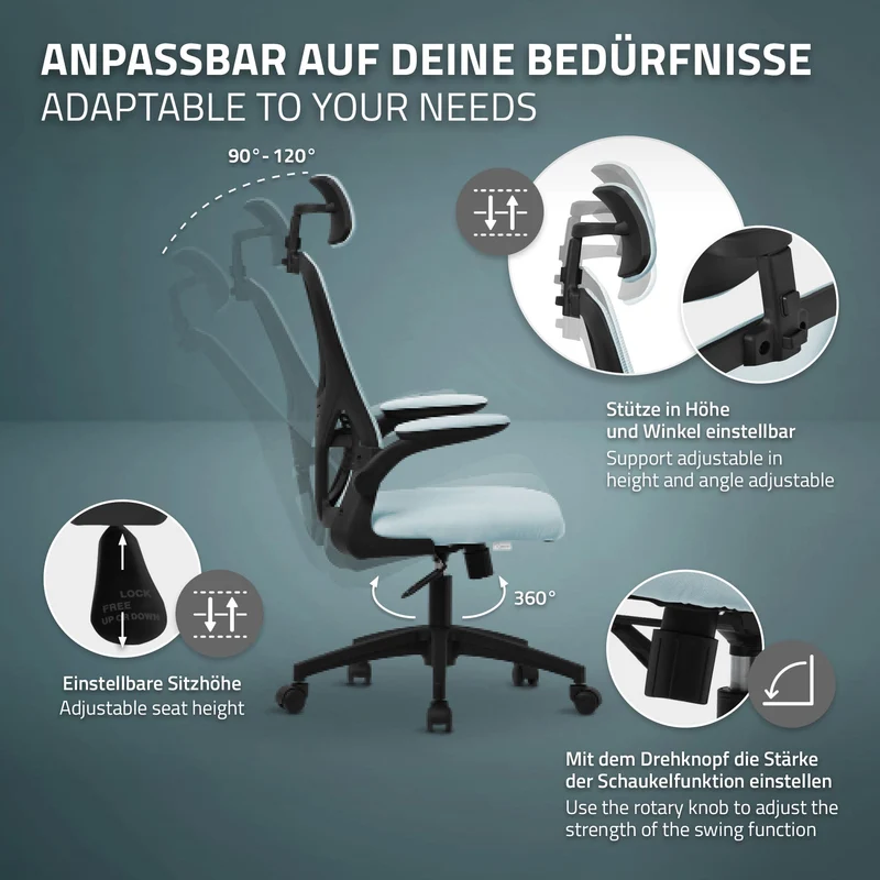 B-Ware Ergonomischer Bürostuhl Blau Netzgewebe mit verstellbarer Kopfstütze und Rollen ML-Design