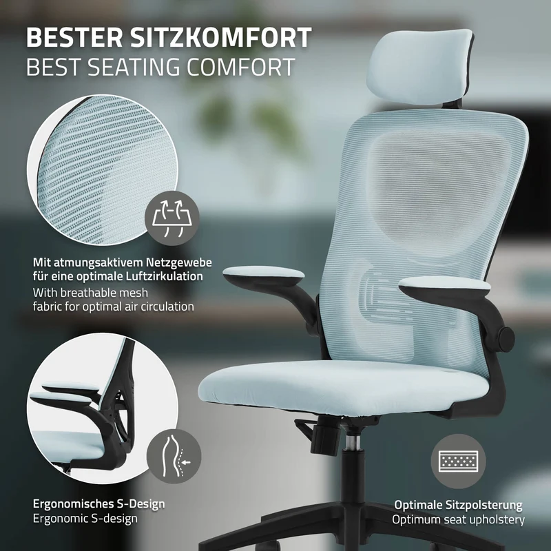 B-Ware Ergonomischer Bürostuhl Blau Netzgewebe mit verstellbarer Kopfstütze und Rollen ML-Design